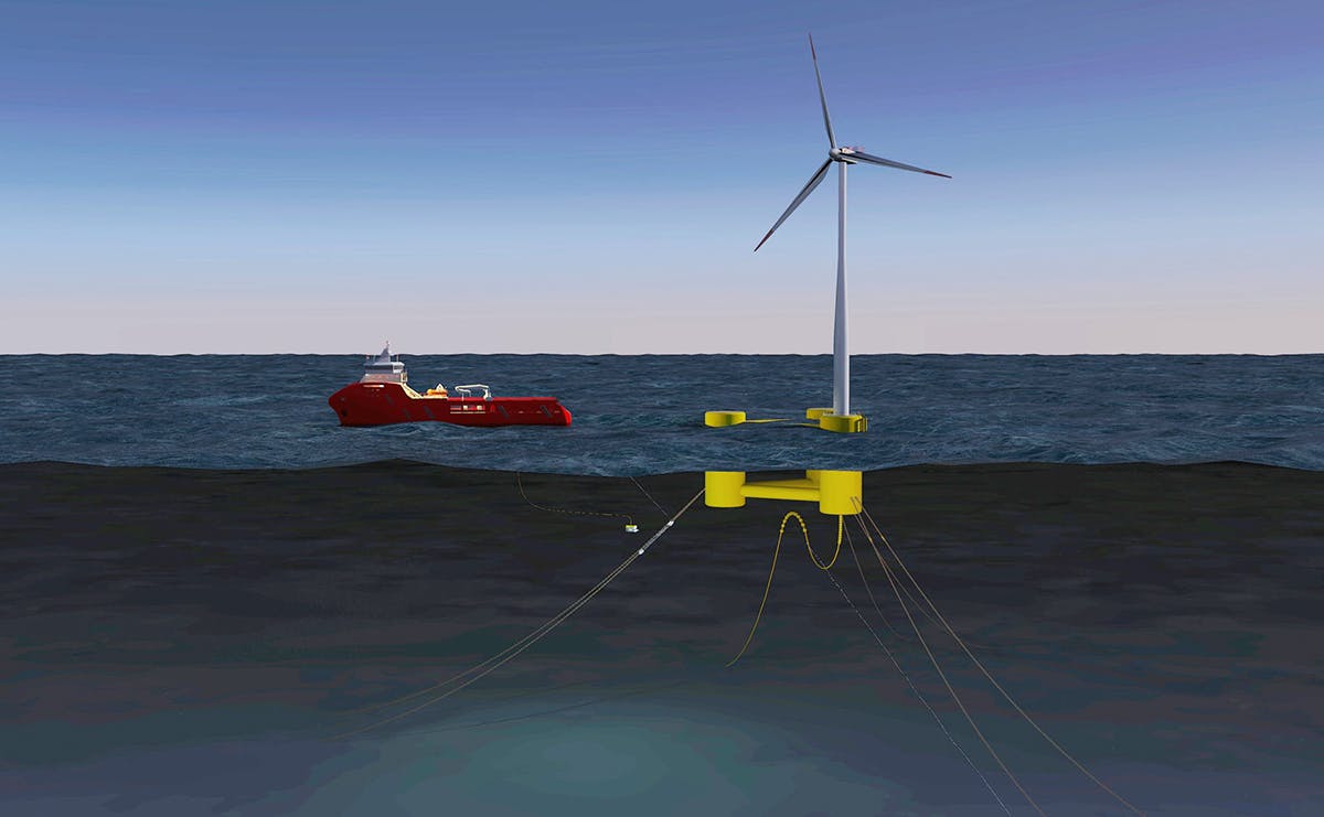 Diagram of  a wind turbine, showing the underwater set up of the structure